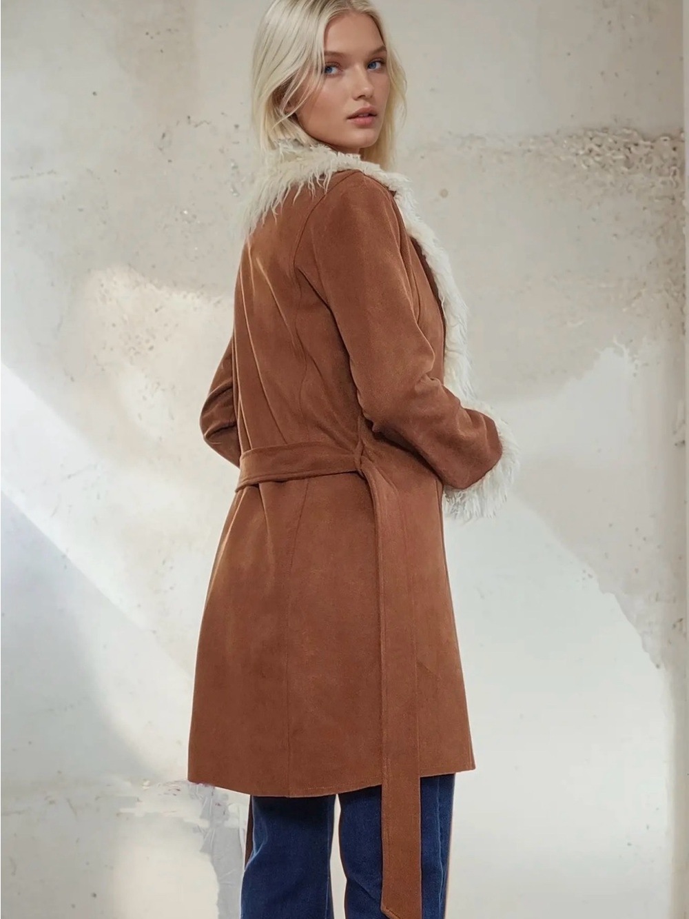 Penny Lane Faux Suede Brown Coat with Cream Faux Fur Trim - Picture 3 of 3